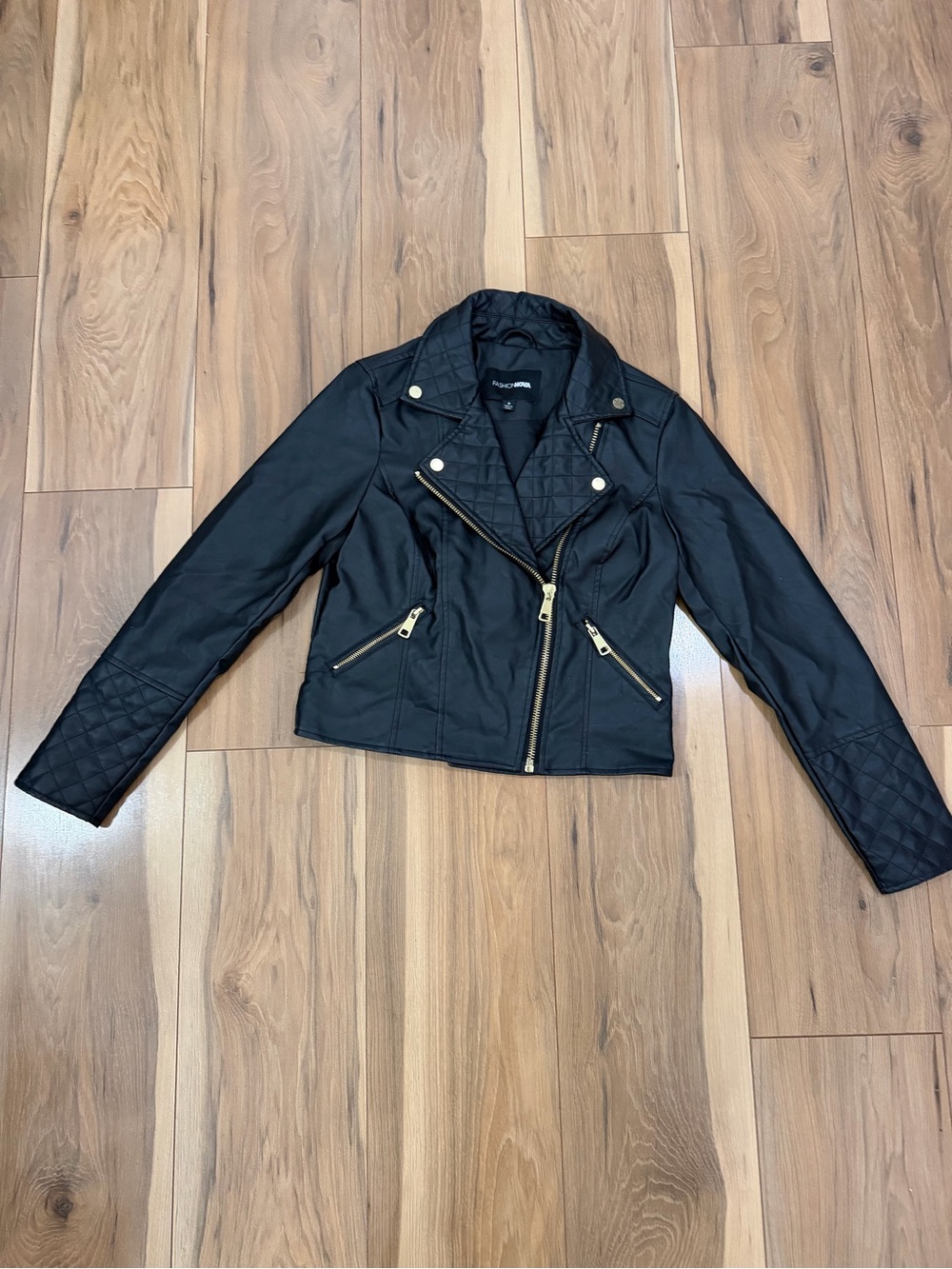 Fashion Nova Black Quilted Moto Jacket with Gold Hardware
